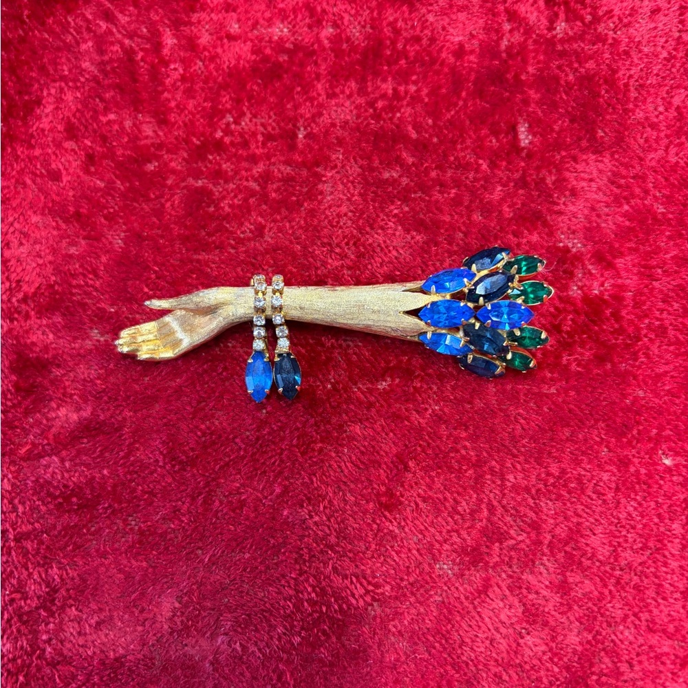 Vintage Gold Tone Hand Floral Bouquet Brooch with Blue and Green Glass Stones